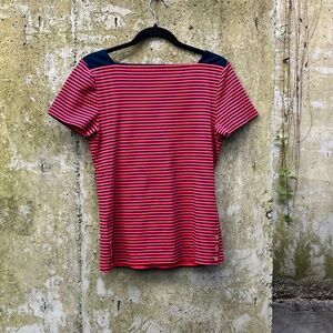 Ralph Lauren Sailor Style Striped Top / Blouse, Red + Navy w/ Brass Buttons, L